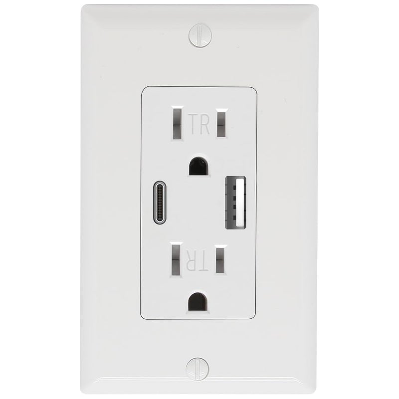 POWAWINI Wall Outlet 15 Amp, UL Listed, USB C & USB A Port, Charging Power Outlet with USB Ports, Tamper-Resistant Receptacle with Decor Wall Plates and Screws (White) - Image 1